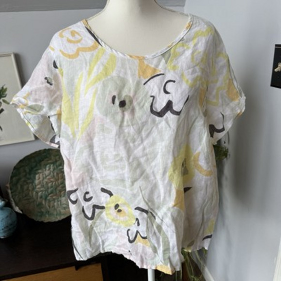 Rachel Zoe Linen Pastel Abstract‎ Floral Popover Blouse 1X Spring Easter Summer - Picture 1 of 5